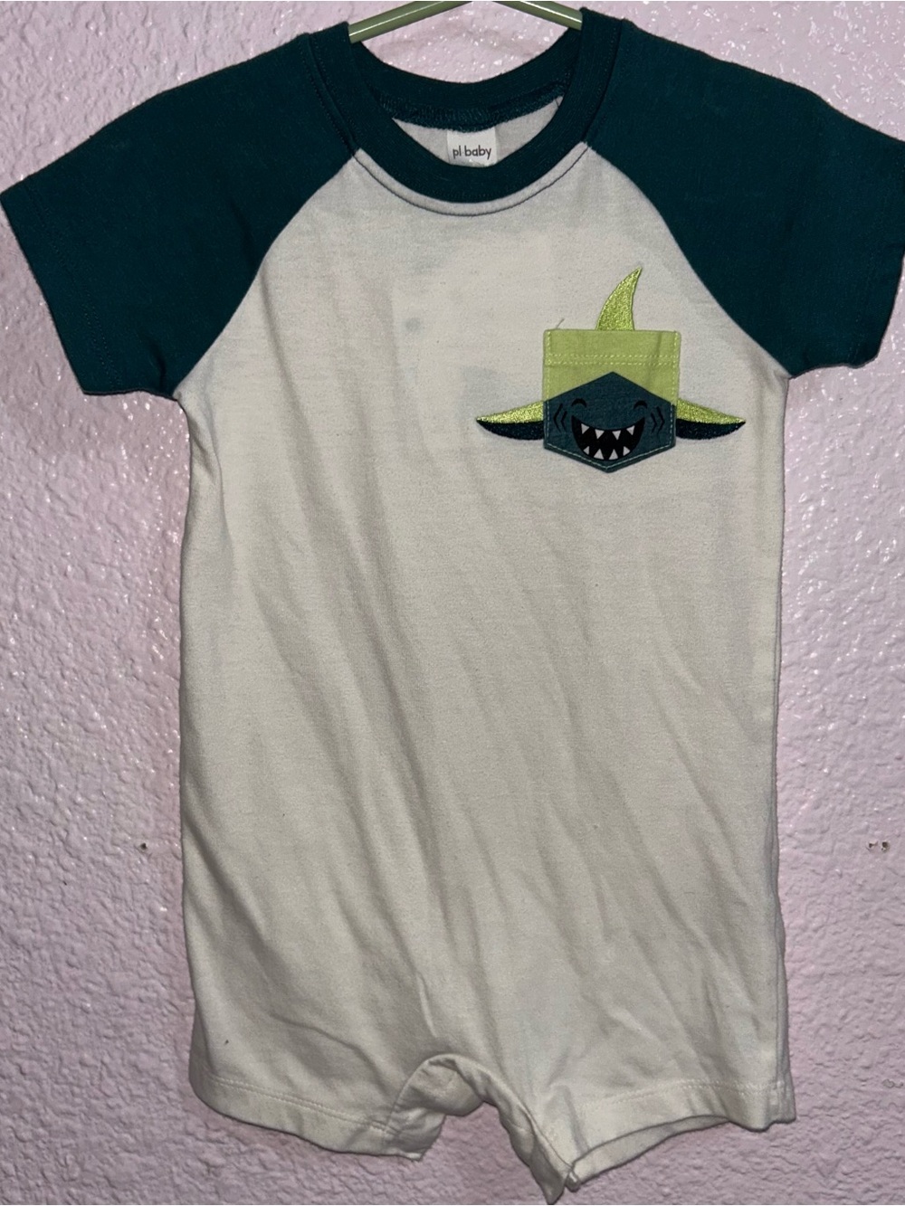 plbaby White & Teal Shark Pocket Short Romper
